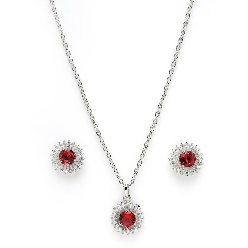 Rhodium Plated Silver Toned Ruby Red American Diamond Studded Pendant Combo With Ring