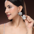 Rhodium Plated Silver Toned Floral Shaped Cubic Zirconia Studded Earrings