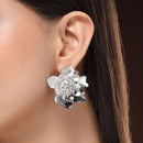 Rhodium Plated Silver Toned Floral Shaped Cubic Zirconia Studded Earrings