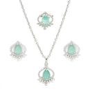 Rhodium Plated Silver Toned Sea Blue Tear Dropped Shaped American Diamond Studded Pendant Combo With Ring