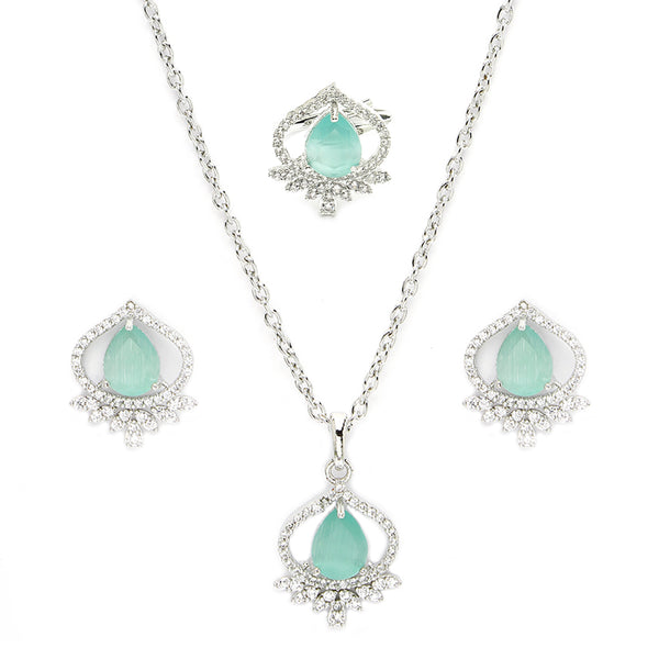 Rhodium Plated Silver Toned Sea Blue Tear Dropped Shaped American Diamond Studded Pendant Combo With Ring