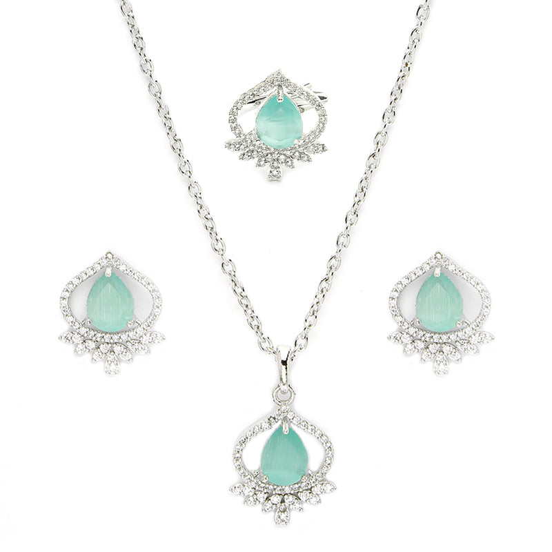 Rhodium Plated Silver Toned Sea Blue Tear Dropped Shaped American Diamond Studded Pendant Combo With Ring