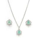 Rhodium Plated Silver Toned Sea Blue Tear Dropped Shaped American Diamond Studded Pendant Combo With Ring