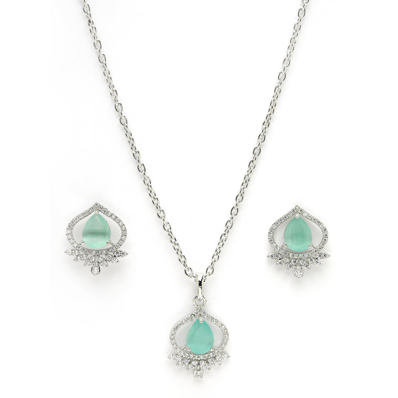 Rhodium Plated Silver Toned Sea Blue Tear Dropped Shaped American Diamond Studded Pendant Combo With Ring