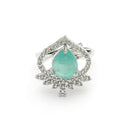 Rhodium Plated Silver Toned Sea Blue Tear Dropped Shaped American Diamond Studded Pendant Combo With Ring