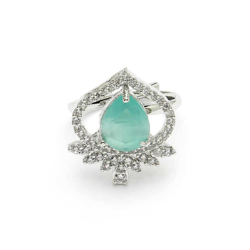 Rhodium Plated Silver Toned Sea Blue Tear Dropped Shaped American Diamond Studded Pendant Combo With Ring