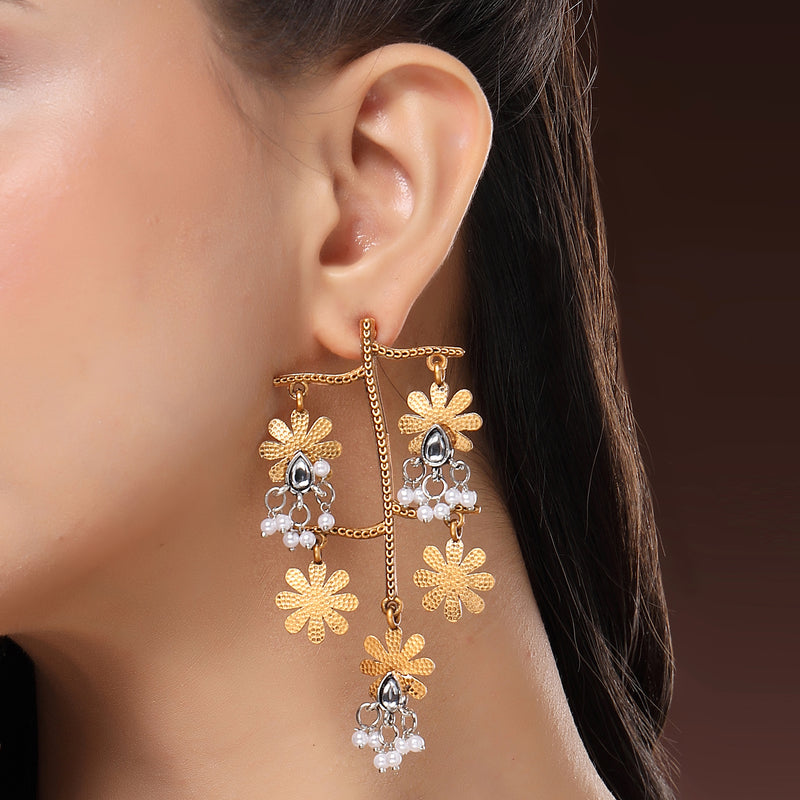 Gold Plated Oxidised Dual Toned Floral Shaped Pearl Beaded Dangler Earrings