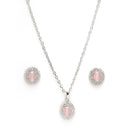 Rhodium Plated Silver Toned Oval Shaped Pink American Diamond Studded Pendant Combo With Ring