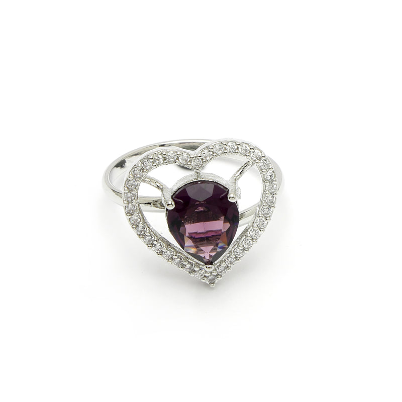 Rhodium Plated Silver Toned Heart Shaped Violet American Diamond Studded Pendant Combo With Ring