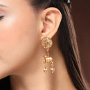 Gold Plated Nandi Maharaj White Pearl Contemporary Long Drop Earrings