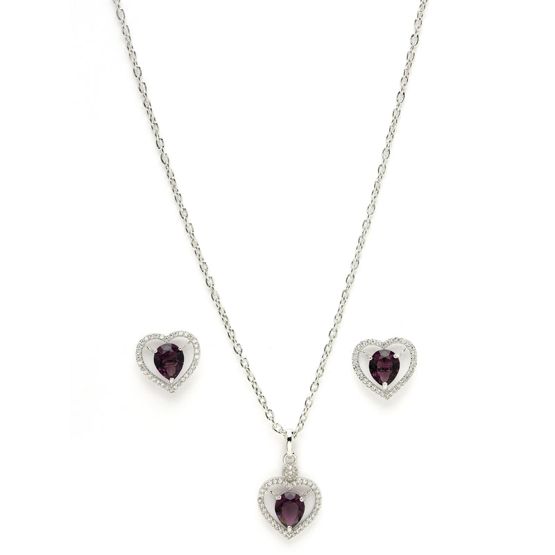 Rhodium Plated Silver Toned Heart Shaped Violet American Diamond Studded Pendant Combo With Ring