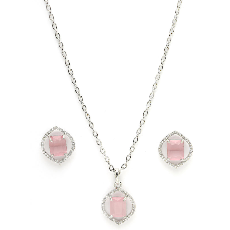 Rhodium Plated Silver Toned Pink American Diamond Studded Pendant Combo With Ring