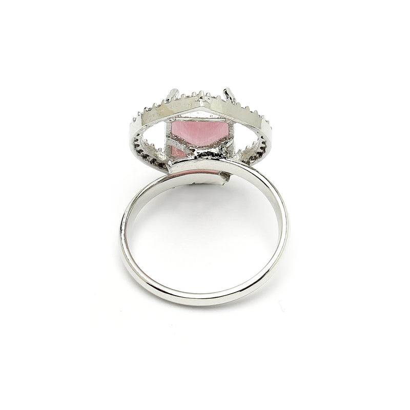 Rhodium Plated Silver Toned Pink American Diamond Studded Pendant Combo With Ring