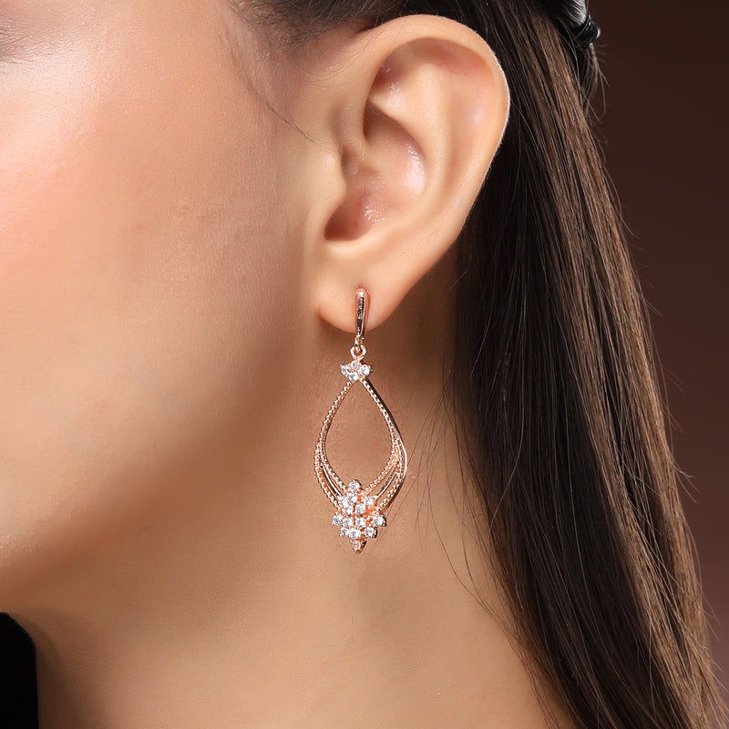 Rose Gold Plated Teardrop Shaped White American Diamond Studded Drop Earrings