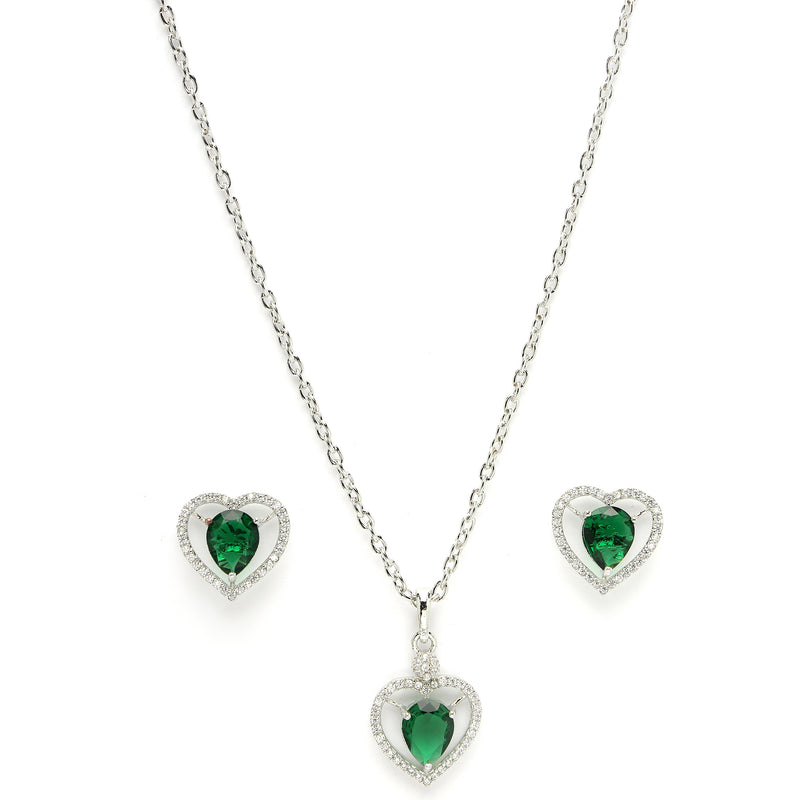 Rhodium Plated Silver Toned Heart Shaped Emerald Green American Diamond Studded Pendant Combo With Ring