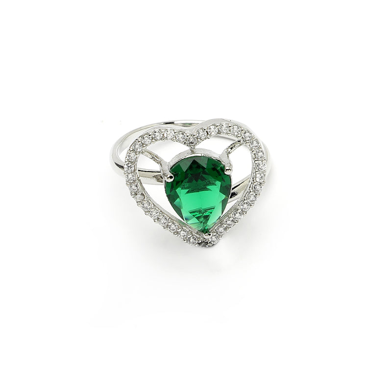 Rhodium Plated Silver Toned Heart Shaped Emerald Green American Diamond Studded Pendant Combo With Ring