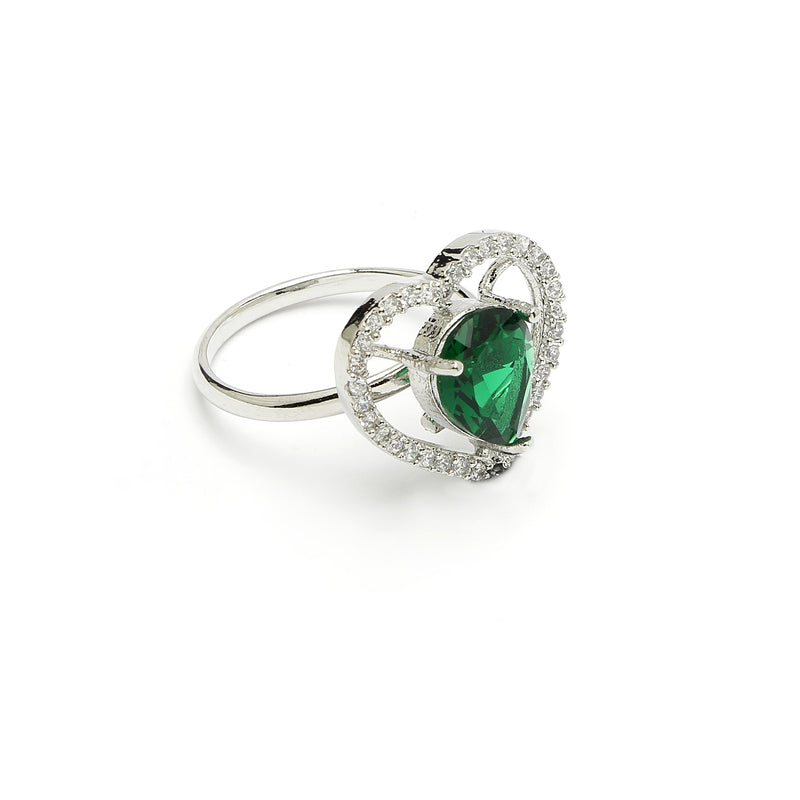 Rhodium Plated Silver Toned Heart Shaped Emerald Green American Diamond Studded Pendant Combo With Ring