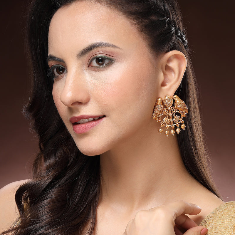 Traditional Gold Plated Bird Shaped Pearl Beaded Earrings