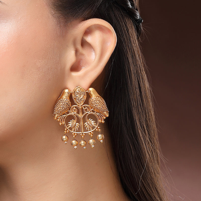 Traditional Gold Plated Bird Shaped Pearl Beaded Earrings