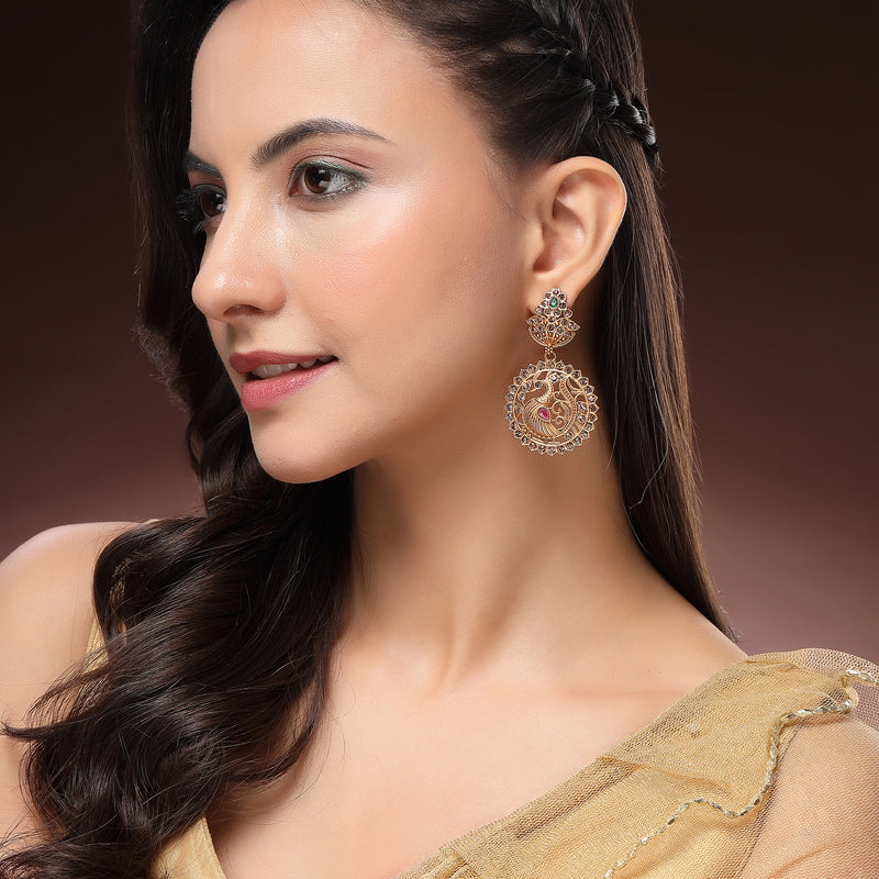 Gold Plated Peacock Shaped Cubic Zirconia Stone Studded Drop Earrings