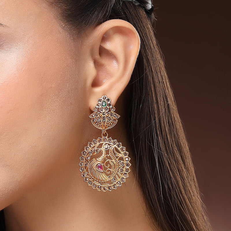 Gold Plated Peacock Shaped Cubic Zirconia Stone Studded Drop Earrings