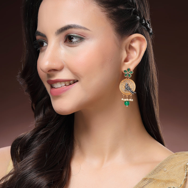 Gold Plated Bird Shaped Pink CZ Studded Pearl Beaded Earrings