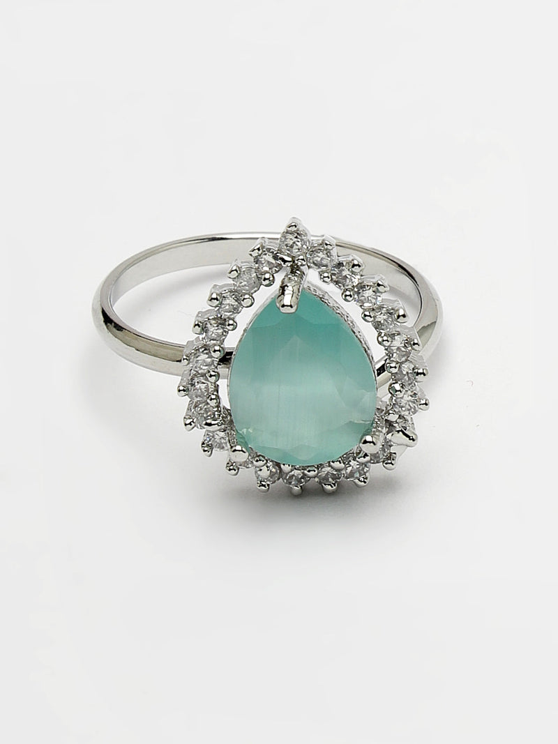 Rhodium Plated Silver Toned Tear Dropped Shaped Sea Blue American Diamond Studded Pendant Combo With Ring
