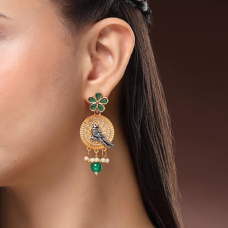 Gold Plated Bird Shaped Pink CZ Studded Pearl Beaded Earrings