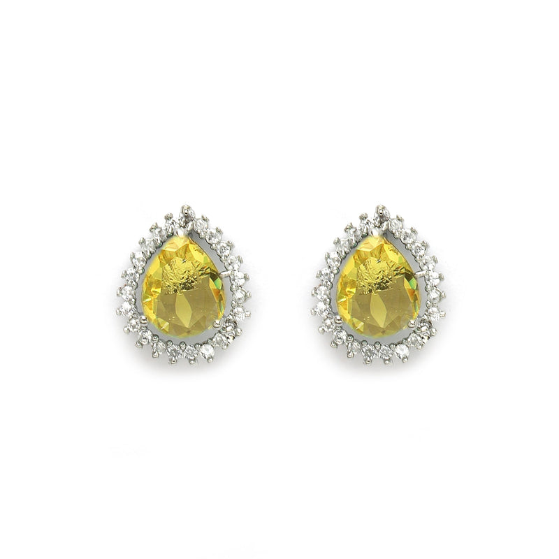 Rhodium Plated Silver Toned  Tear Dropped Shaped Yellow American Diamond Studded Pendant Combo With Ring