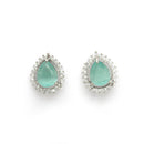 Rhodium Plated Silver Toned Tear Dropped Shaped Sea Blue American Diamond Studded Pendant Combo With Ring