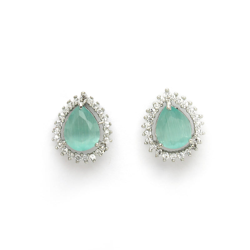 Rhodium Plated Silver Toned Tear Dropped Shaped Sea Blue American Diamond Studded Pendant Combo With Ring