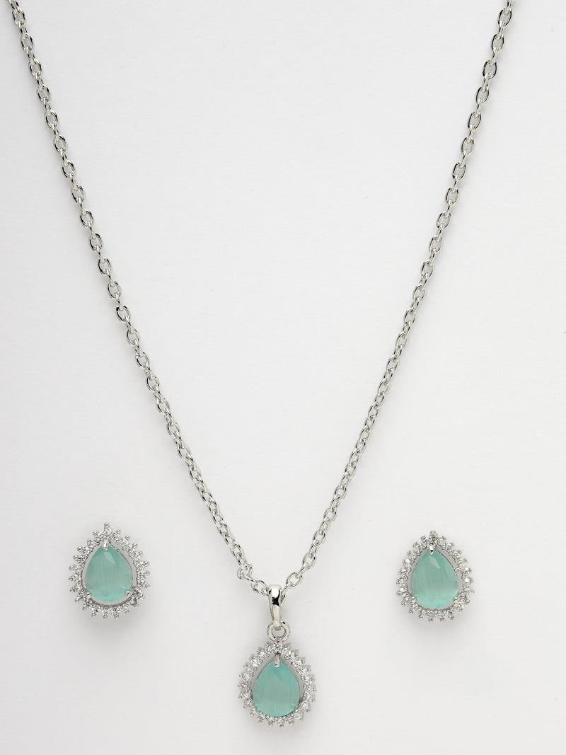 Rhodium Plated Silver Toned Tear Dropped Shaped Sea Blue American Diamond Studded Pendant Combo With Ring