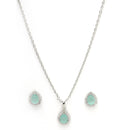 Rhodium Plated Silver Toned Tear Dropped Shaped Sea Blue American Diamond Studded Pendant Combo With Ring