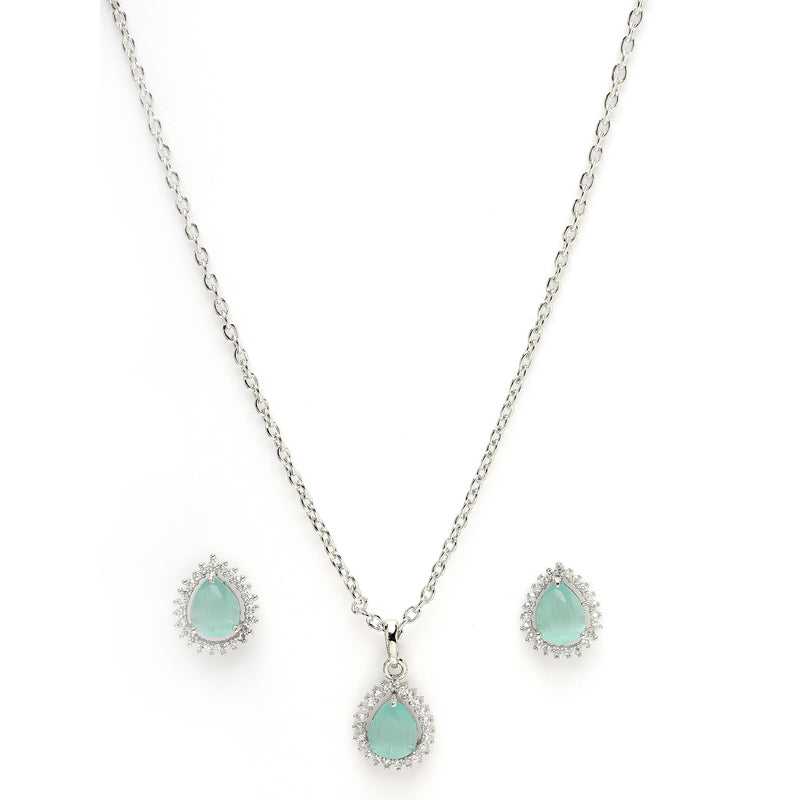 Rhodium Plated Silver Toned Tear Dropped Shaped Sea Blue American Diamond Studded Pendant Combo With Ring