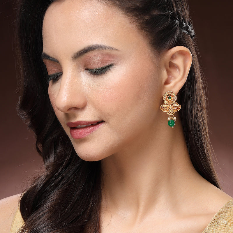 Traditional Gold Plated Floral Shaped Green Pearl Beaded Earrings