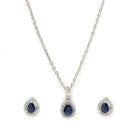 Rhodium Plated Silver Toned Tear Dropped Shaped Royal Blue American Diamond Studded Pendant Set
