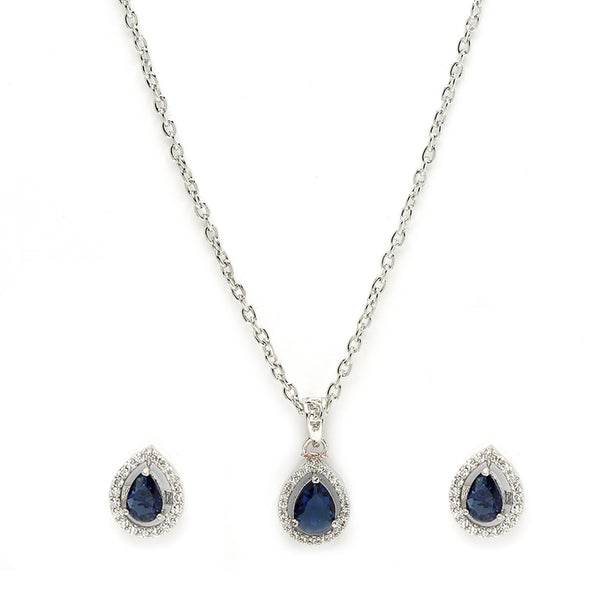 Rhodium Plated Silver Toned Tear Dropped Shaped Royal Blue American Diamond Studded Pendant Set