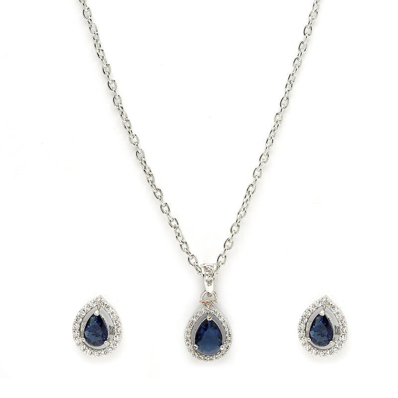 Rhodium Plated Silver Toned Tear Dropped Shaped Royal Blue American Diamond Studded Pendant Set