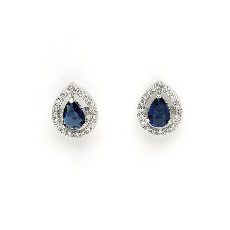 Rhodium Plated Silver Toned Tear Dropped Shaped Royal Blue American Diamond Studded Pendant Set