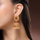 Traditional Gold Plated Red CZ Studded Pearl Beaded Jhumka Earrings