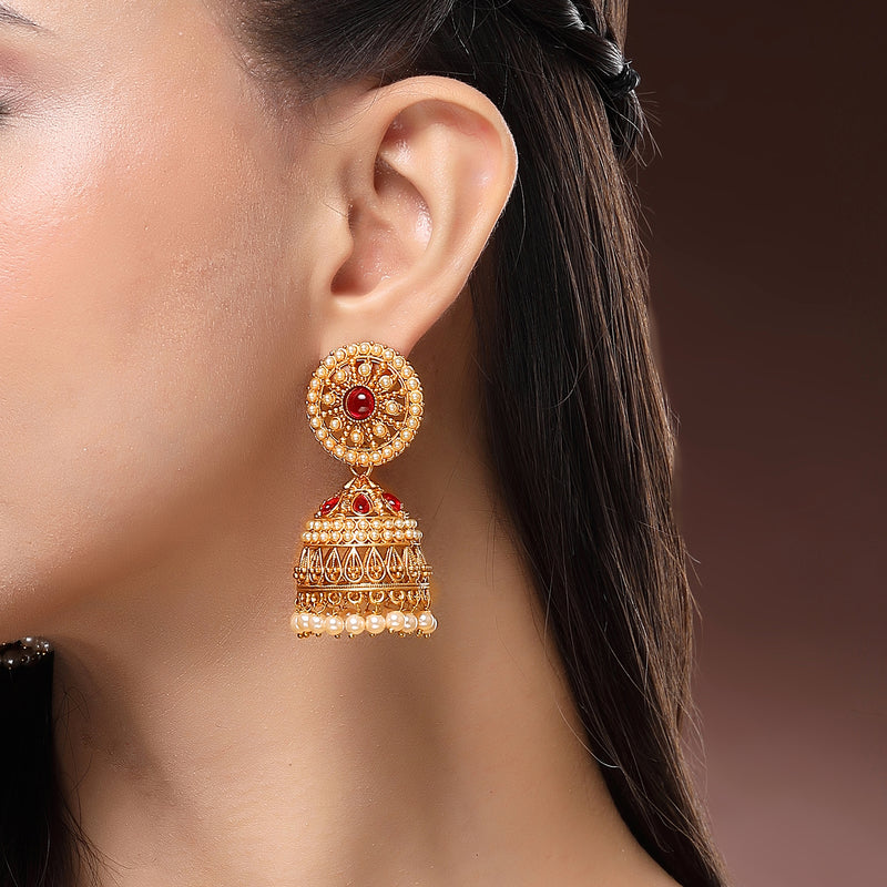 Traditional Gold Plated Red CZ Studded Pearl Beaded Jhumka Earrings