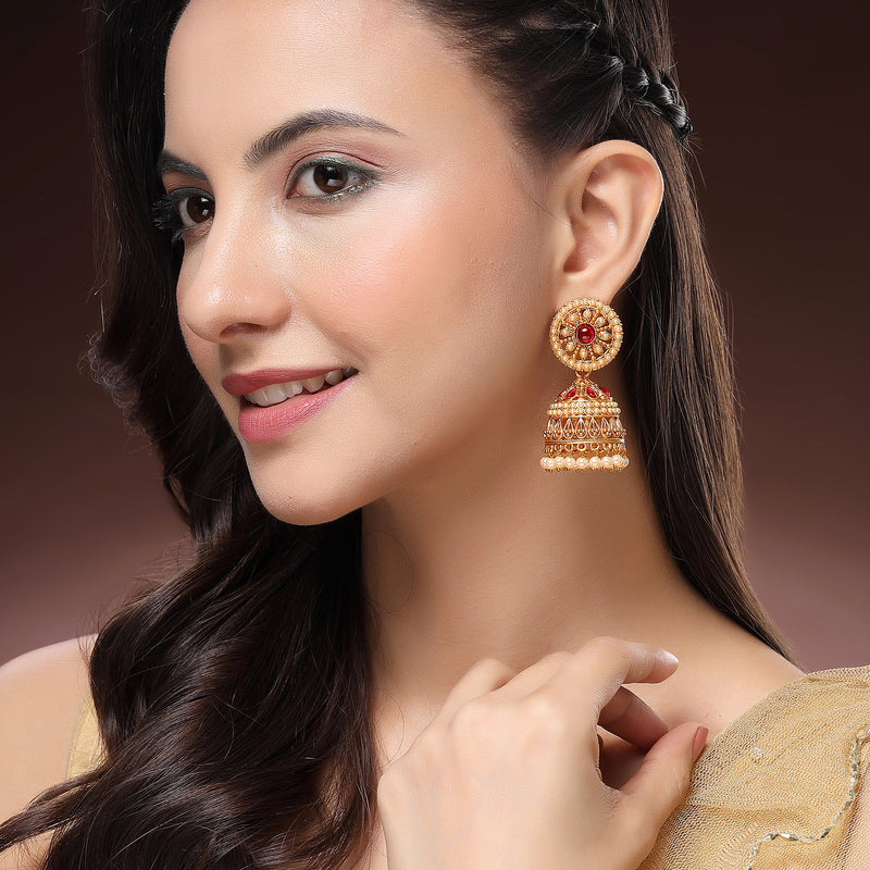 Traditional Gold Plated Red CZ Studded Pearl Beaded Jhumka Earrings
