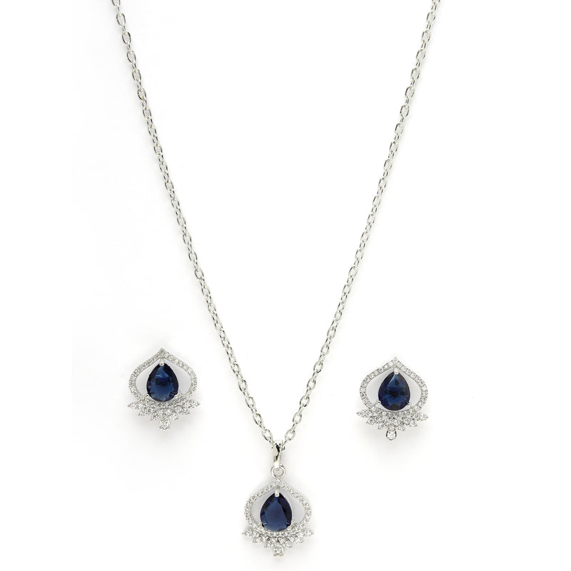 Rhodium Plated Silver Toned Royal Blue Tear dropped  Shaped American Diamond Studded Pendant Combo With Ring