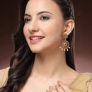 Gold Plated Circular Shaped Red & Blue Stone Studded Pearl Beaded Drop Earrings