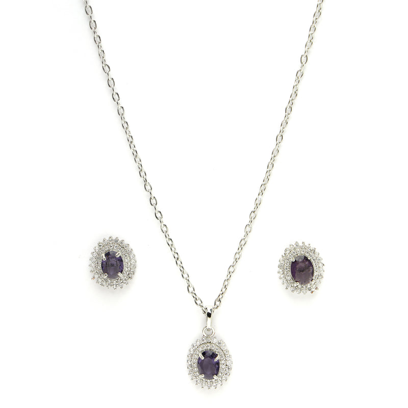 Rhodium Plated Silver Toned Oval Shaped Royal Blue American Diamond Studded Pendant Combo With Ring