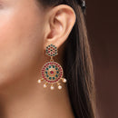 Gold Plated Circular Shaped Red & Blue Stone Studded Pearl Beaded Drop Earrings