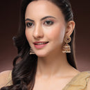 Traditional Gold Plated Red & Green CZ Studded Pearl Beaded Jhumka Earrings