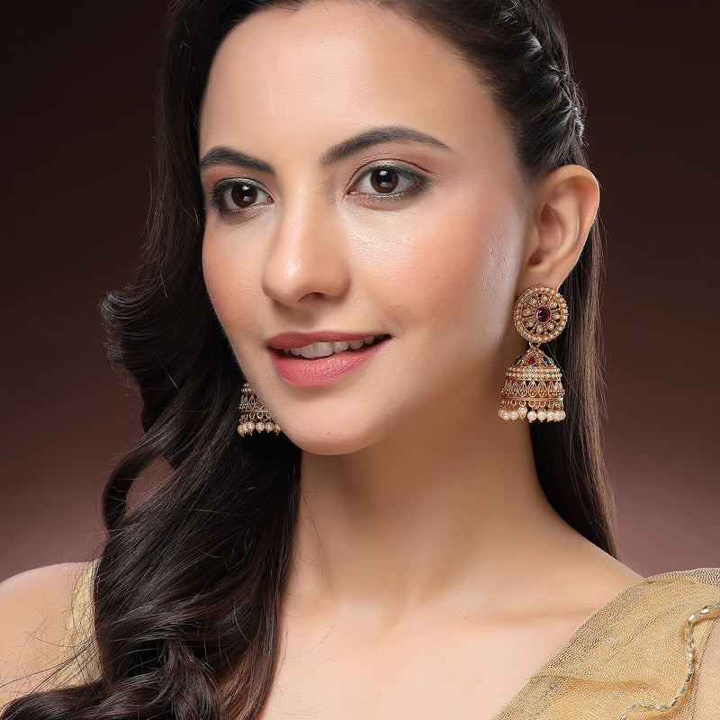 Traditional Gold Plated Red & Green CZ Studded Pearl Beaded Jhumka Earrings