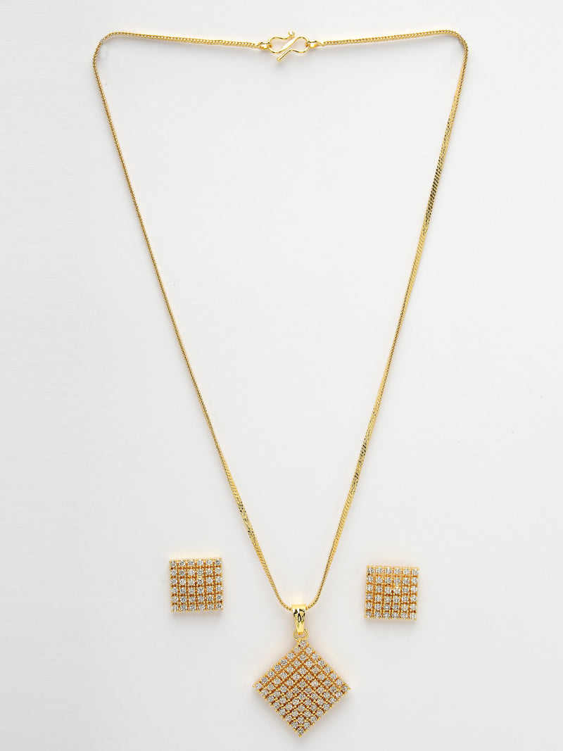 Gold Plated White Stone Studded Square Pendant Set