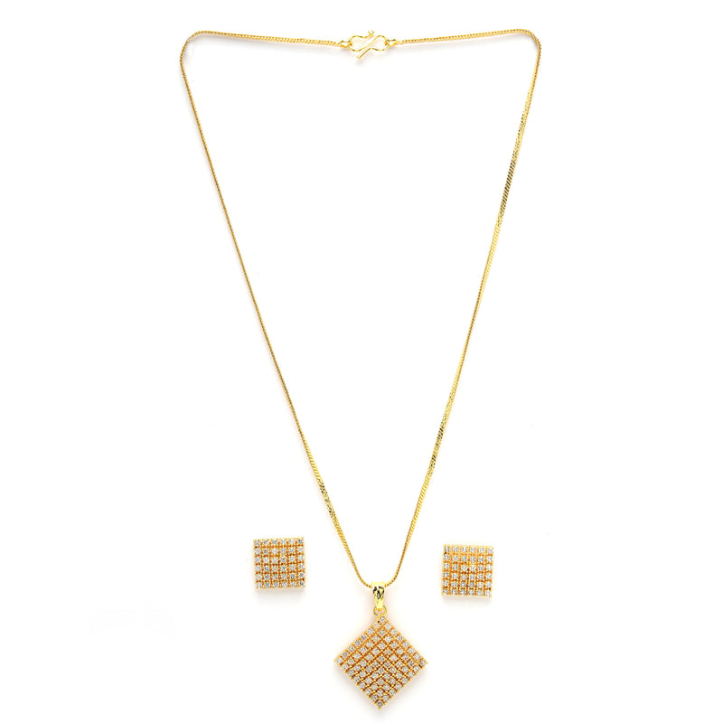 Gold Plated White Stone Studded Square Pendant Set